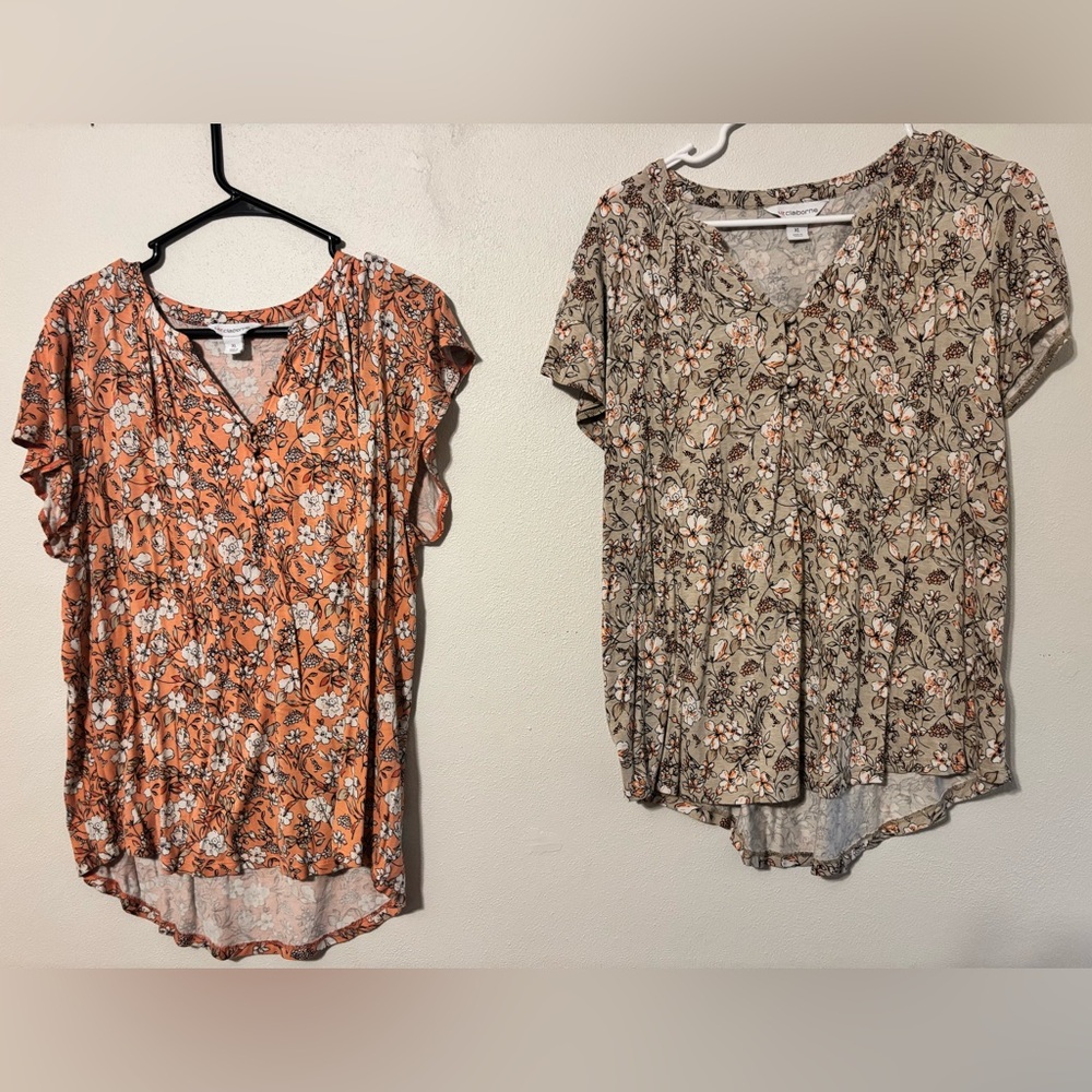 Liz Claiborne Floral Blouses - Coral and Tan